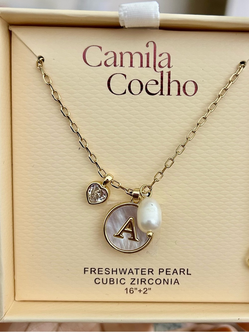 Camila Coelho Gold Tone Initial 'A' Necklace with White Pearl and CZ Heart
